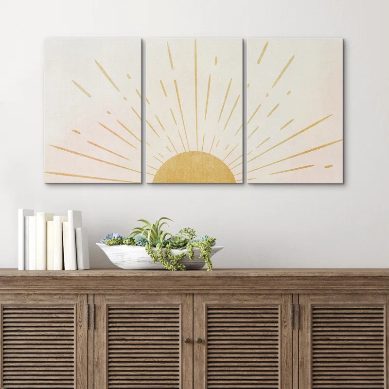 Bright Light Yellow Sun Shine Modern Minimalist Canvas Wall Art Neutral Print Set 3 Pieces Decor - Image 2