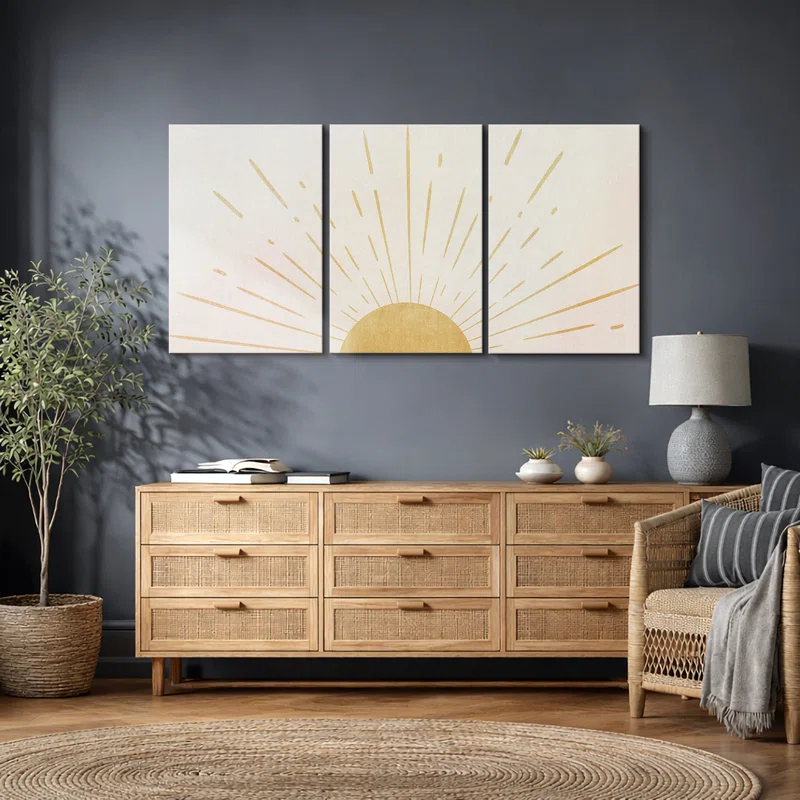 Bright Light Yellow Sun Shine Modern Minimalist Canvas Wall Art Neutral Print Set 3 Pieces Decor