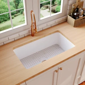 Rectangular Fireclay 32" L x 19" W Fireclay Undermount Kitchen Sink with Basket Strainer and Sink Grid DV-1K513